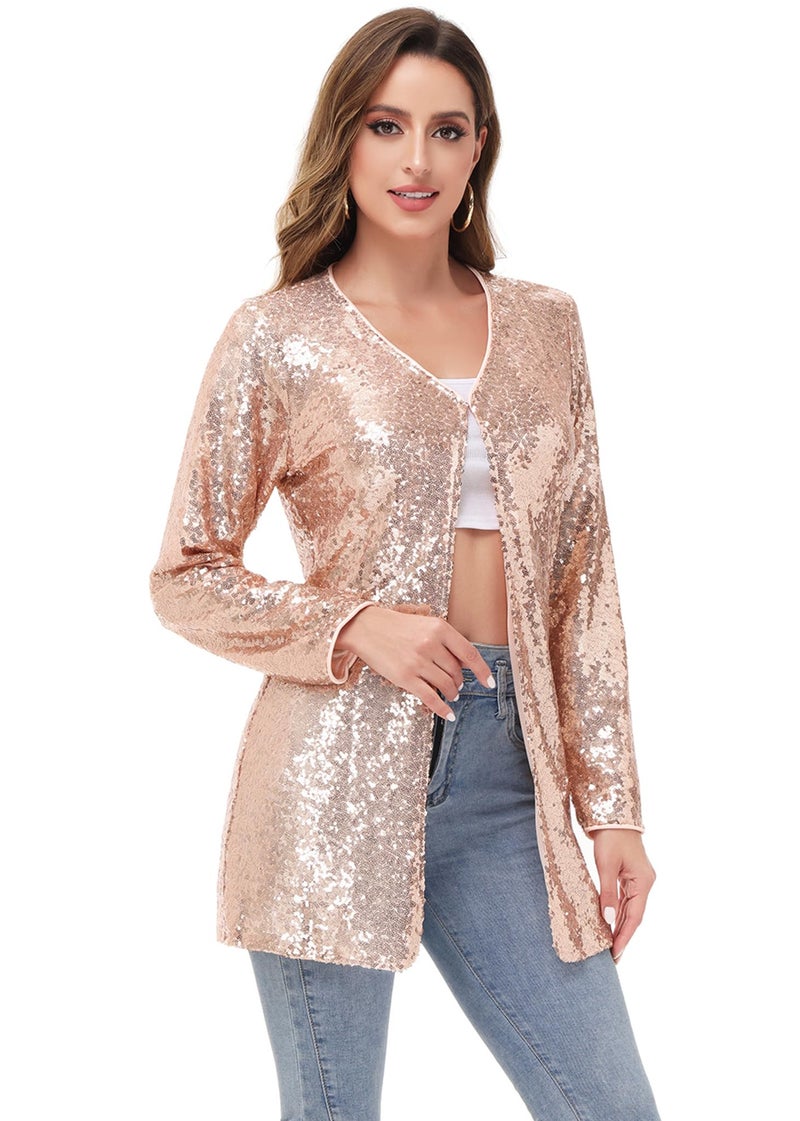 Anna-Kaci Women's Open Front Sequin Coat Las Vegas Blazer Party Club Cocktail Jacket Outerwear, Rose Gold, X-Large - Image 3
